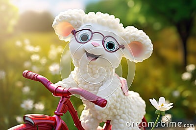 a super cute adorkable fluffy white baby lamb is smiling happily, very happy, riding a bicycle AI generated Stock Photo