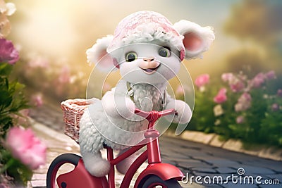 a super cute adorkable fluffy white baby lamb is smiling happily, very happy, riding a bicycle AI generated Stock Photo