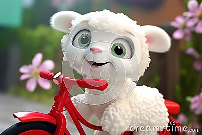 a super cute adorkable fluffy white baby lamb is smiling happily, very happy, riding a bicycle AI generated Stock Photo