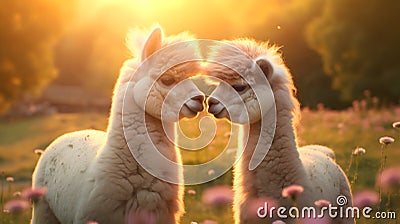 Super cute alpacas couple in love. Happy Valentine's day concept. AI generated image Stock Photo