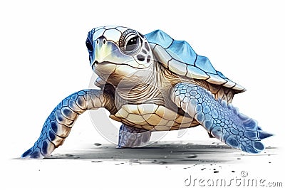 super cute baby sea turtle full body view massive blue eyes and big head watercolor Stock Photo