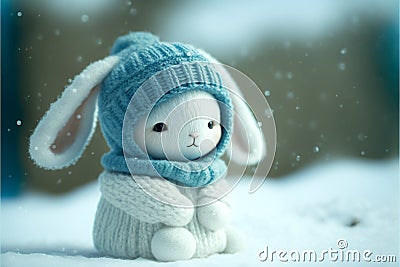 A super cute baby white fairy rabbit wearing a cyan sweater, wearing cyan a hat snowing background. Stock Photo