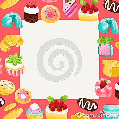 Super Cute Cakes Desserts Square Copyspace Cartoon Illustration