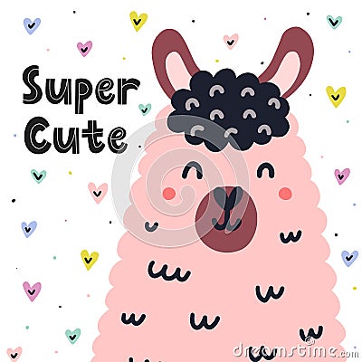 Super cute card with a cute llama. Funny lama print Vector Illustration