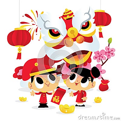 Super Cute Chinese New Year Kids Lion Dance Cartoon Illustration