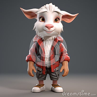 Super Cute 3d Cartoon Goat In Urban Clothes - Commission For Adventure Themed Project Stock Photo