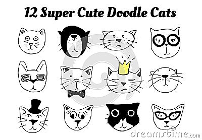 12 super cute doodle cats Vector Illustration
