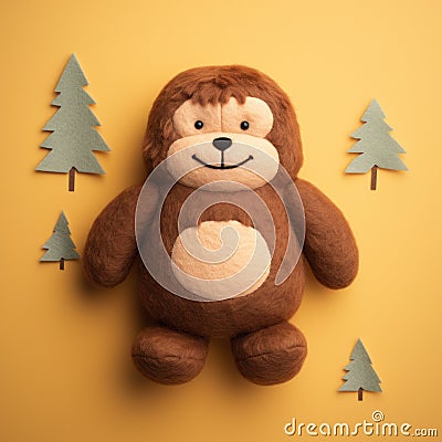 Super Cute Felt Bigfoot Teddy Bear With Pine Trees Background Stock Photo