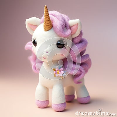 Super Cute Felt Unicorn On Solid Color Background - Handcrafted Plush Doll Art Stock Photo