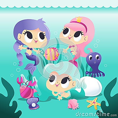 Super Cute Group of Mermaids Underwater With Sea Creatures Cartoon Illustration