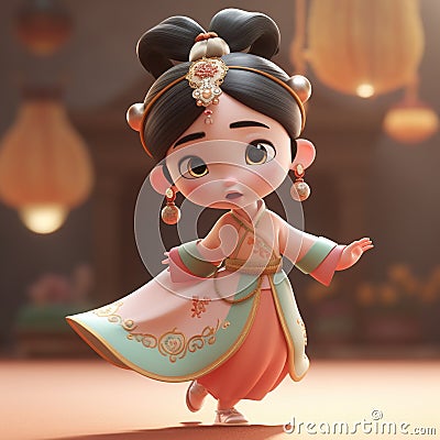 Super cute little girl, cream color scheme black hair,dancing in traditional Chinese Dynasty clothing AI Generated Stock Photo