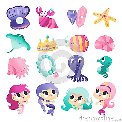 Super Cute Mermaids Sea Creatures Set Cartoon Illustration