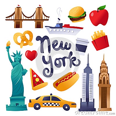 Super Cute New York Culture Icons Set Cartoon Illustration