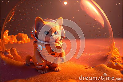 Super cute pet astronaut kitten cat in a orange spacesuit explorer Stock Photo