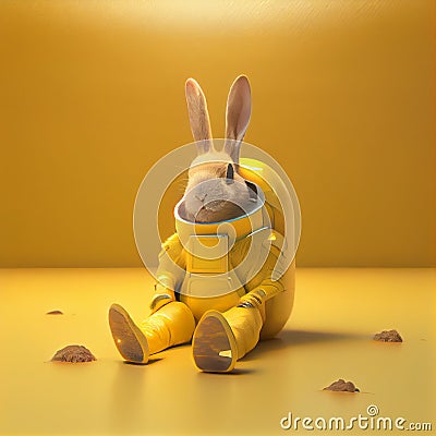 Super cute pet astronaut rabbit in a yellow spacesuit in space Stock Photo