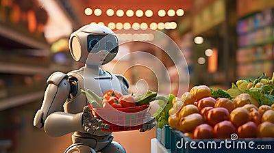 Super cute Robot in the supermarket buying vegetables. Delivery concept. AI generated image Stock Photo