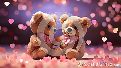 Super cute Teddy bears couple in love. Happy Valentine's day concept background. AI generated image Stock Photo