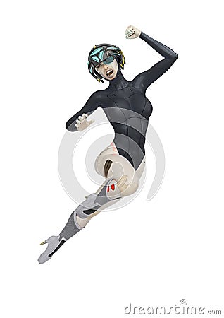 Super cyborg girl mega jump Stock Photo