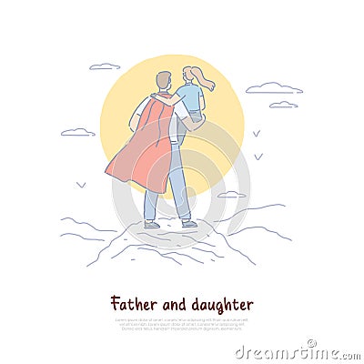 Super dad holding kid in arms back view, young man in cloak with child, parent superhero, happy fatherhood banner Vector Illustration