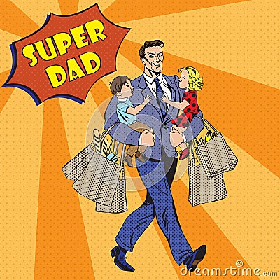 Super Dad with kids on his hands and Shopping Bags Vector Illustration