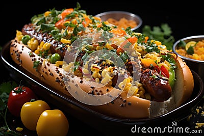 Super delicious hot dog with mustard and dark backgrou Stock Photo