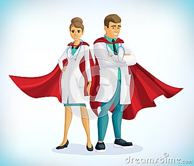 Super doctor cartoon character. Superhero doctor with hero cloaks. Healthcare vector concept. Medical concept. First aid Vector Illustration