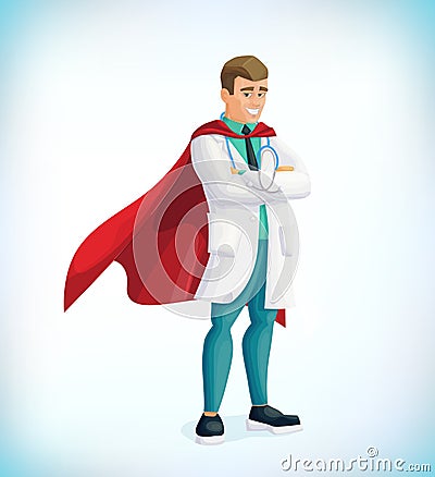 Super doctor cartoon character. Superhero doctor with hero cloaks. Healthcare vector concept. Medical concept. First aid Vector Illustration