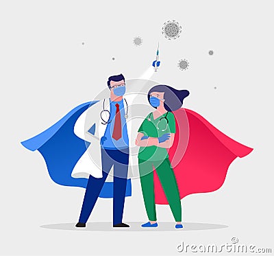 Super doctor and nurse wearing medical masks and capes, superhero couple, vector cartoon illustration Vector Illustration