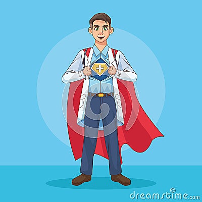 Super doctor open the shirt and cloak vs covid19 Vector Illustration