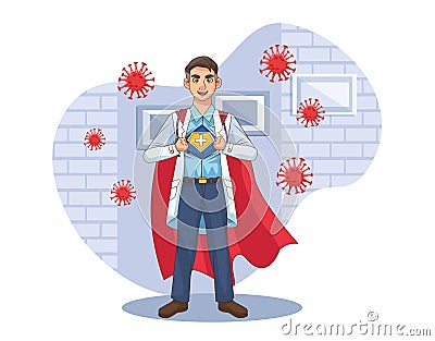 Super doctor open the shirt and cloak vs covid19 Vector Illustration