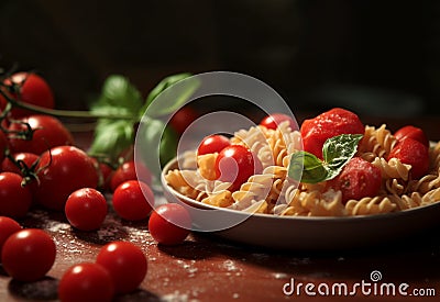 Super easy Pasta Salad tomatoes, fresh mozzarella, spicy salami with Italian dressing. AI generated Stock Photo