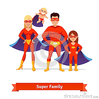 Super family. Father, mother, daughter, baby Vector Illustration