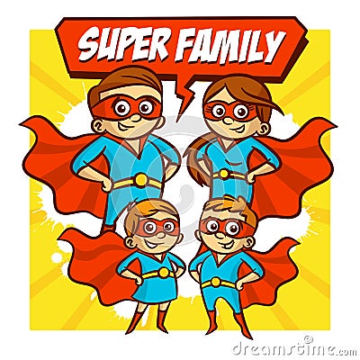 Super Family. Father Mother Daughter Son Superheroes. Set Vector Illustration