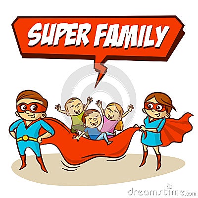 Super Family. Father Mother Daughter Son Superheroes. Set Vector Illustration