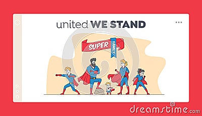 Super Family Landing Page Template. Mommy, Daddy and Children in Superhero Costumes Posing. Characters Super Heroes Vector Illustration