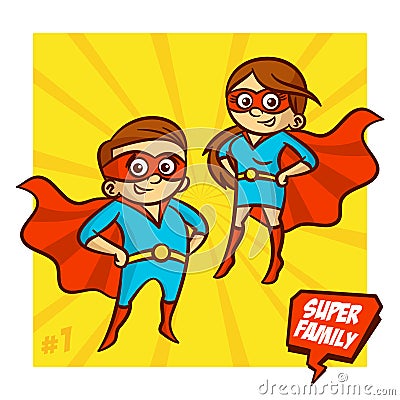 Super Family. Mother and Father Superheroes. Vector Illustartion Vector Illustration