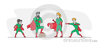 Super Family, Parents and Children Relations. Happy Family Dad, Mom and Kids Characters in Superhero Costume Posing Vector Illustration