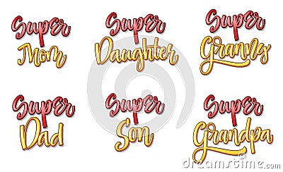 Super family text set comic style calligraphy Vector Illustration