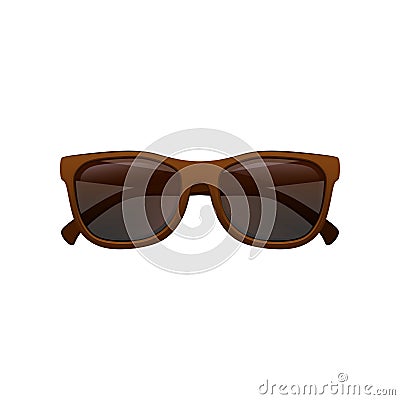 Super fashion wayfarer sunglasses with black tinted lenses and brown plastic frame. Eye protection accessory. Flat Vector Illustration