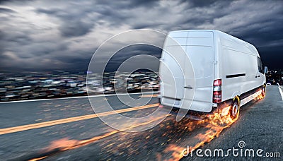Super fast delivery of package service with van with wheels on fire. Stock Photo