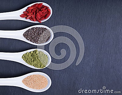 Super foods in the spoons Stock Photo