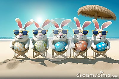 Super funny Easter Bunnies Cartoon in sunglasses with Easter eggs resting on the beach. Generative Ai Stock Photo