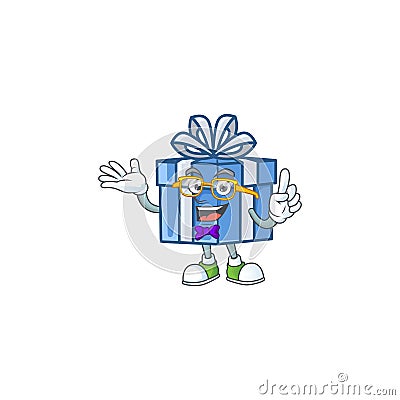 Super Funny Geek smart blue gift box mascot cartoon style Vector Illustration