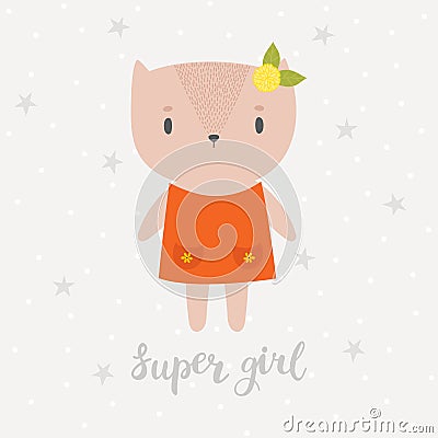 Super girl. Cute little kitty. Greeting card or postcard. Beautiful cat with flower Vector Illustration