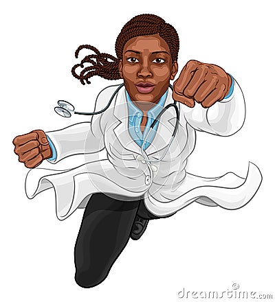 Super Hero Black Woman Doctor Flying Superhero Vector Illustration