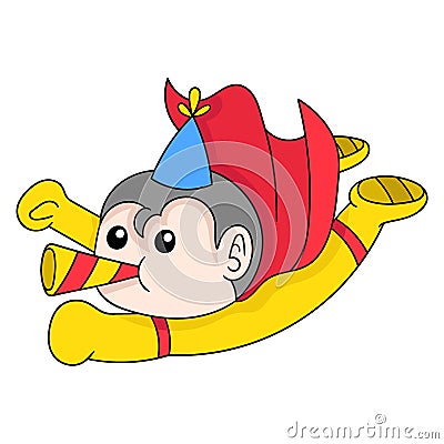 Super hero boy flying with trumpet for new year celebration, doodle icon image kawaii Vector Illustration