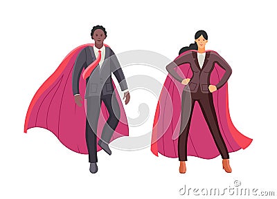 Super hero business african man and woman in red capes. Vector Illustration