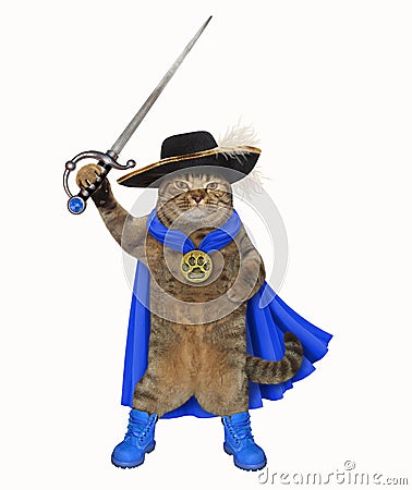 Cat in a blue cloak holds a sword Stock Photo