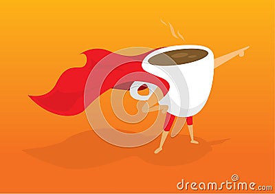 Super hero coffee breakfast pointing aiding to morning rescue Vector Illustration