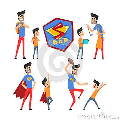 Super hero dad and his son set, super busy father doing many works vector Illustrations on a white background Vector Illustration